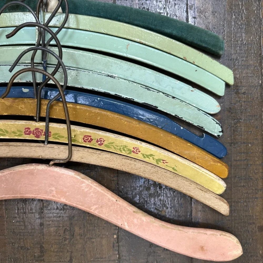 Vintage Painted Wooden Hangers Lot 12 Cottagecore Floral Velvet Shabby Chic